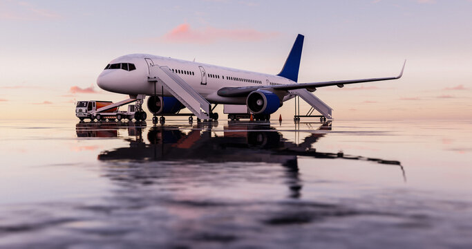 Parkiertes Flugzeug mit verschiedenen Flughafen-Fahrzeugen vor sch&ouml;nem Sonnenuntergang