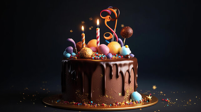 Chocolate birthday cake with decorations and candles