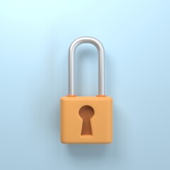 Yellow locked padlock for protection privacy, encryption and safety. isolated on blue background. 3d realistic symbol icon cartoon render.safety concept.