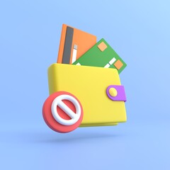 3d render. Wallet and credit card with stop sign or red warning icon. for unapproved, incorrect and not pass.business money finance and management realistic cartoon concept.