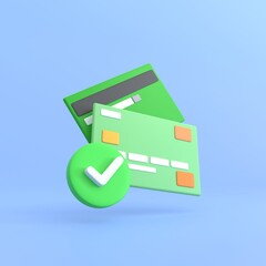 3d render. Credit card with green check mark icon. for approve, correct and pass.business money finance and management realistic cartoon concept.