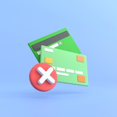 3d render. Credit card with red cross icon. for unapproved, incorrect and not pass.business money finance and management realistic cartoon concept.