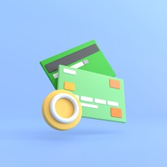 3d render. Credit card with correct circle sign icon. for approve, correct and pass.business money finance and management realistic cartoon concept.