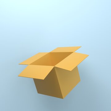 Cardboard open box or delivery package. isolated on blue background. 3d realistic symbol icon cartoon render.business cargo shopping concept.