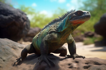 Naklejka premium Iguana on the rock posing Close up