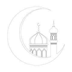 A white silhouette of a crescent moon with a mosque dome and minaret inside