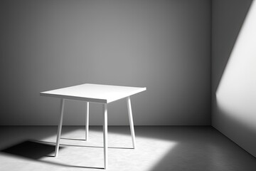 minimalist white table in a blank white room with natural light. Generative AI