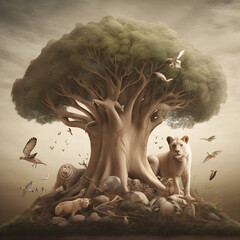 Tree of life, digital art with whimsical tree, animals in its branches and roots, detailed composition highlighting interconnectivity of life, and bright, natural lighting. Created using generative AI