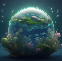 3D model of globe, Earth depicted as ecosystems, sea world, nature, plants, rocks, ocean. Natural lighting. Interconnectedness of all life on Earth. Earth day. Created using generative AI.