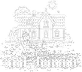 Funny senior man gardener with a lawnmower tending a lawn in front of his pretty summer cottage on a warm sunny day, black and white outline vector cartoon illustration for a coloring book