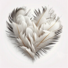 A heart made of white bird feathers on a white background