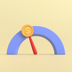 Speedometer 3d render with gold coin and arrow point scale for calculate rating measure finance loan, credit score or expenses business money finance minimal concept.