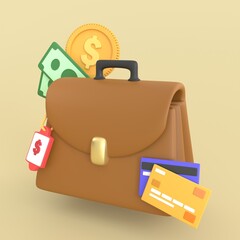 3d render Briefcase with banknote, coins, credit card and red price tag for finance loan or shopping. business money finance and shopping management concept.