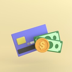 3d render credit card money financial with gold coin and banknote for online payment and shoppingbusiness money finance minimal concept.