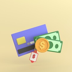 3d render credit card money financial with gold coin, banknote and red price tag for online payment and shoppingbusiness money finance and management minimal concept.