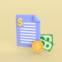 3d render Document paper sheet file with banknote and coins for finance loan or tax. business money finance and management concept.
