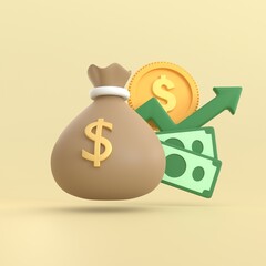 3d render Money bag dollar icon with banknote, coins and rising arrow for finance loan or saving investment. business money finance and management concept.