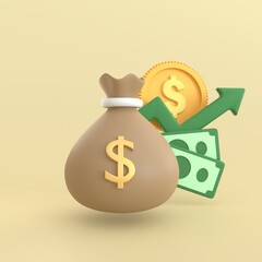 3d render Money bag dollar icon with banknote, coins for finance loan or saving investment. business money finance and management concept.