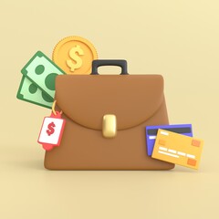 3d render Briefcase with banknote, coins, credit card and red price tag for finance or shopping. business money finance and shopping management concept.