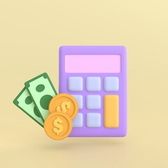 3d render Calculator with money banknote and coins for calculate financial risk planning. business money finance and management concept.