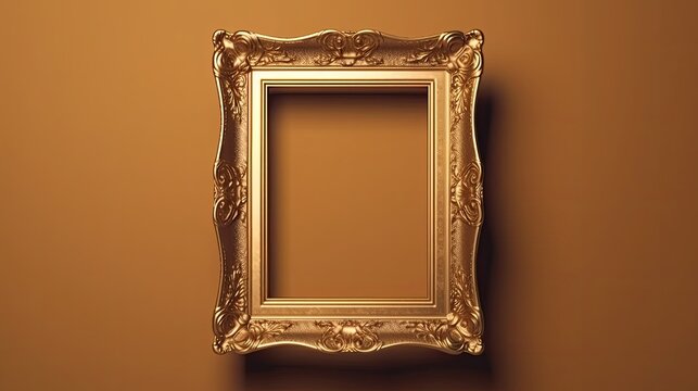 Vintage bronze picture frame mockup on a brown color background created with generative AI technology