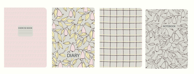 Set of cover page templates with pears, leaves, hand drawn gridlines. Based on seamless patterns. Headers isolated and replaceable. Perfect for notebooks, notepads, diaries