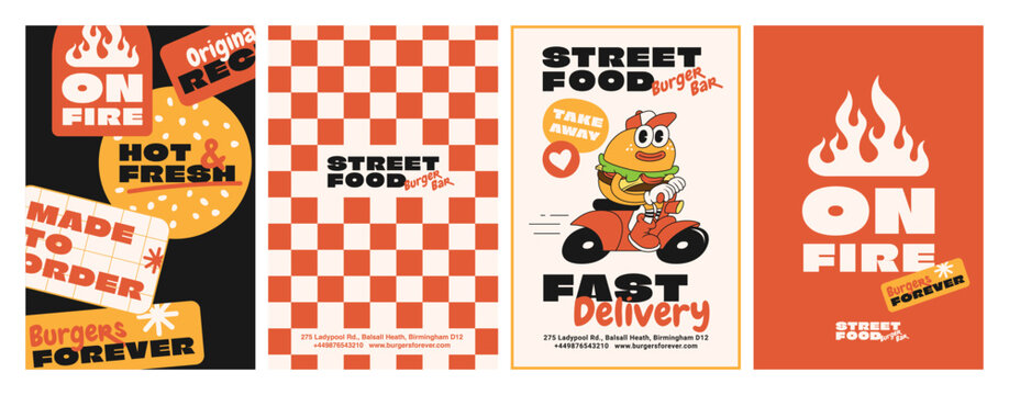 Burger retro cartoon fast food posters and cards. Comic character slogan quote and other elements for burger bar cafe restaurant. Menu, invitation, stories template. Groovy funky vector illustration.