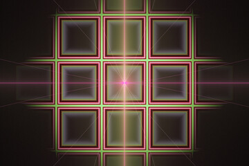 Red green pattern of square shapes on a black background. Abstract fractal 3D rendering