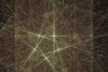 Green red pattern of crooked threads on a black background. Abstract fractal 3D rendering
