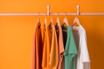 Colorful womens clothes on wood hangers on rack on orange background. women's closet  Generative AI