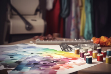 Fashion Design Background. Closeup Of Dressmaker's Desk With Measuring Tape And Color Palettes. Selective Focus, Panorama, Copy Space  Generative AI