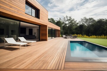 Wood terrace pool. Generate Ai