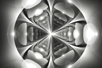 White round pattern of curved shapes on a black background. Abstract fractal 3D rendering