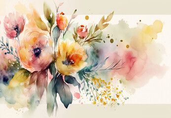 Flower watercolor painting. Background with watercolor flowers for design. Generative AI