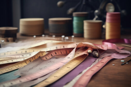 Fashion Design Background. Closeup Of Dressmaker's Desk With Measuring Tape And Color Palettes. Selective Focus, Panorama, Copy Space Generative AI