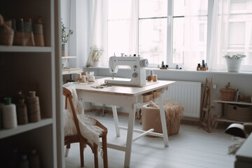 Workplace for sewing and needlework in a bright room with white furniture. Blurring effect and selective focus  Generative AI