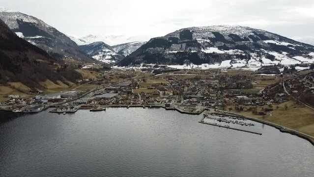 Aerial view of Vik&oslash;yri, in Vik i Sogn, Norway from a high angle.