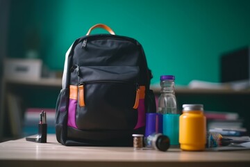 Backpack on school table. Generate Ai