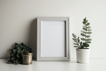 white picture frame and potted plant on a wooden table. Generative AI