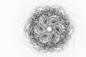 Black swirling round pattern of crooked waves on a white background. Abstract fractal 3D rendering