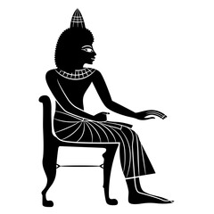 Ancient Egyptian man sitting on a chair. Black and white negative silhouette. Isolated vector illustration.