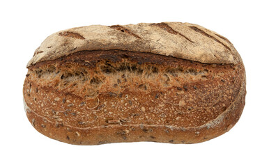 A loaf of rye or wheat bread with flax and sunflower seeds on a white background. Slice or piece of bread