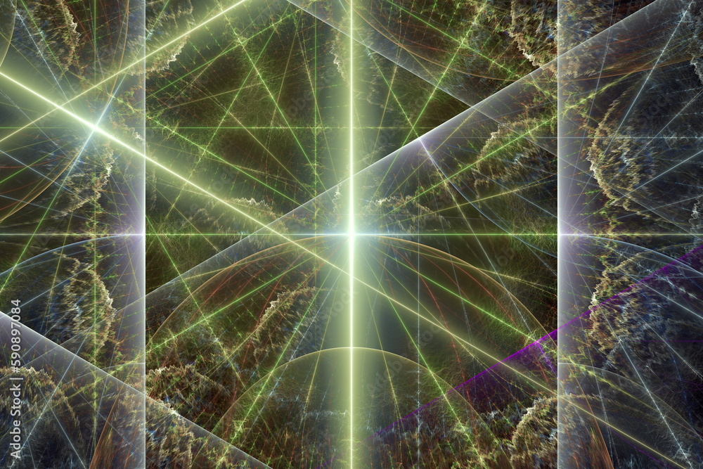 Aufkleber green glowing pattern of crooked waves and rays on a black background. abstract fractal 3d rendering