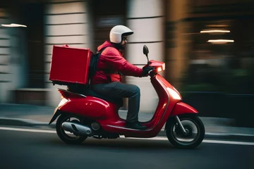 Foto auf Acrylglas Sushi-bar Delivery boy scooter. Generate Ai