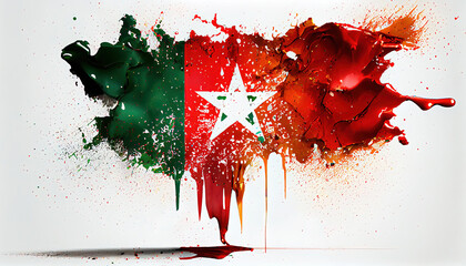Morocco Country Flag Colors of Liquid Oil Paint Dripping and Splashing on White Backdrop AI Generative