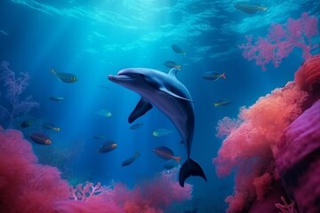 Fototapeta na wymiar Dolphin swim sea. Generate Ai