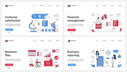 Customers feedback and satisfaction, financial report, file management set vector illustration. Cartoon tiny people work in survey service to rate experience, manage data documents and business audit