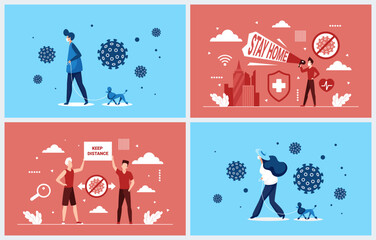 Covid warning campaign. Disease prevention, keep social distance, stay home, quarantine isolation vector illustration
