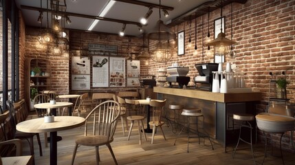 Fototapeta na wymiar Rustic and bohemian coffee house interior with plants and brick wall, AI generated 