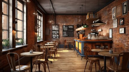Fototapeta na wymiar Cozy speciality coffee house interior with brick wall and AI generated 